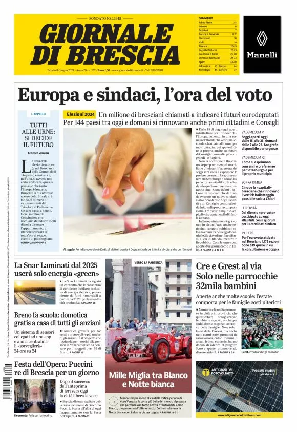 Prima-pagina-giornale di brescia-oggi-edizione-del-2024-06-08